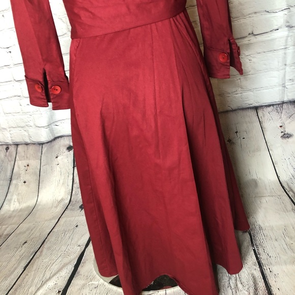 Red long sleeve a line dress w/ criss cross front - Picture 7 of 16